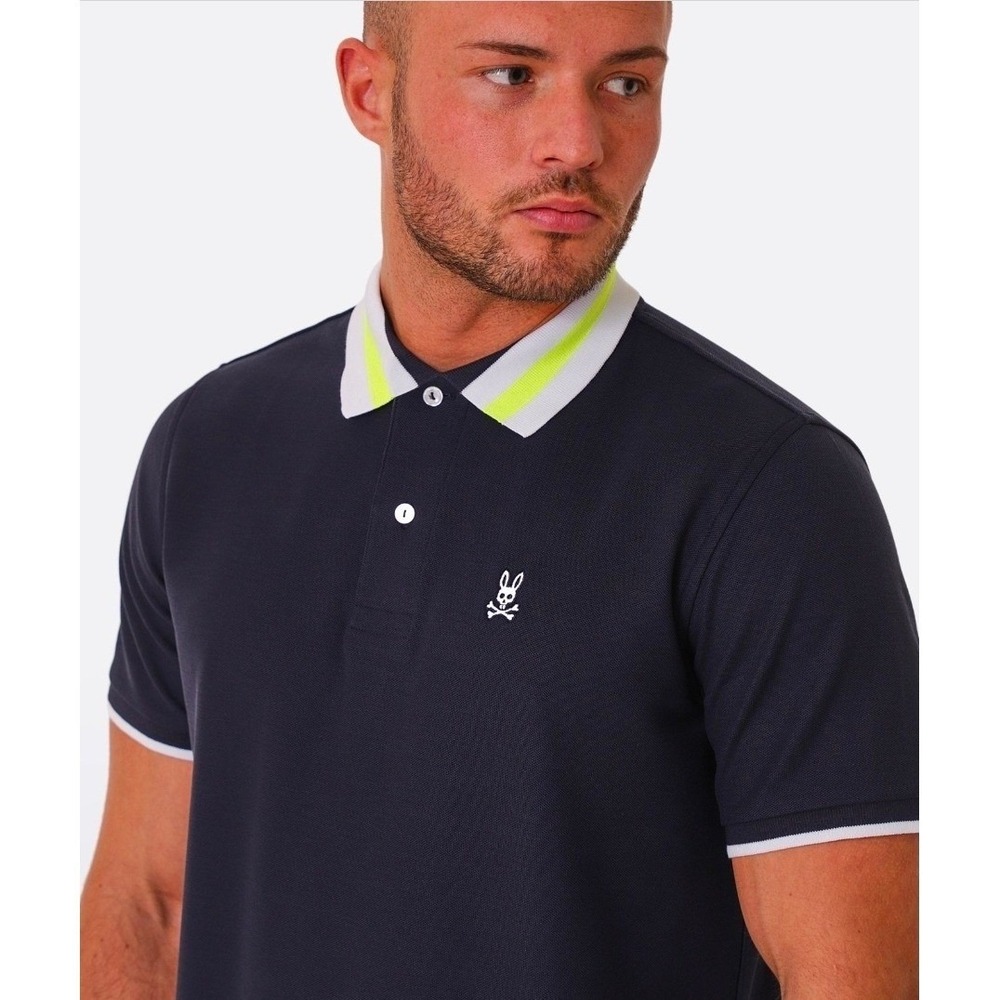 Psycho Bunny Men's Navy Polo with White and Neon Yellow Trim